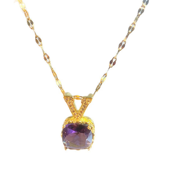 Wholesale Women's Titanium Steel And Copper Inlaid With Zircon Geometric Square And Letter Number Text Pendant Necklace With Water Wave Chain
