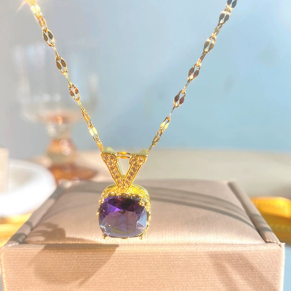Wholesale Women's Titanium Steel And Copper Inlaid With Zircon Geometric Square And Letter Number Text Pendant Necklace With Water Wave Chain