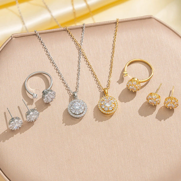 Wholesale Women's Titanium Steel And Copper Jewelry Set With Exquisite Inlaid Zircon Electroplated Geometric Style Cross Chain Ring Earrings And Necklace Accessories
