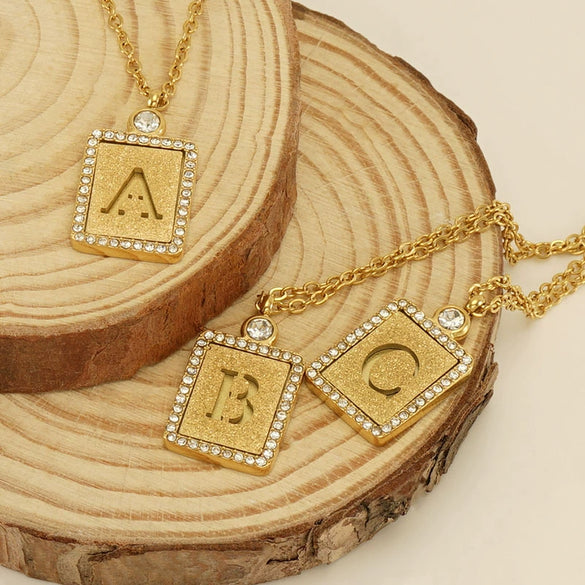 Wholesale Women's 316L Stainless Steel And 18K Gold Plated Diamond Letter Pendant Necklace With Cross Chain
