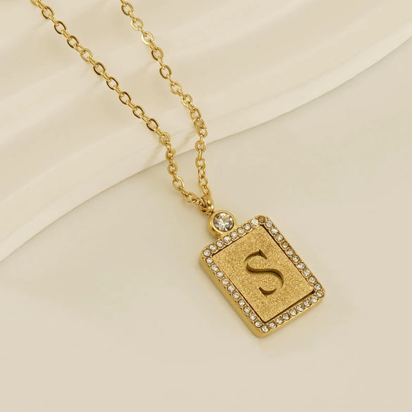 Wholesale Women's 316L Stainless Steel And 18K Gold Plated Diamond Letter Pendant Necklace With Cross Chain