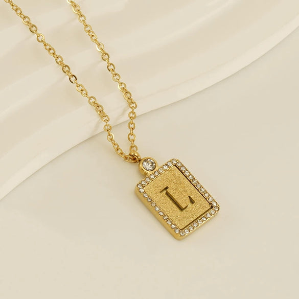 Wholesale Women's 316L Stainless Steel And 18K Gold Plated Diamond Letter Pendant Necklace With Cross Chain