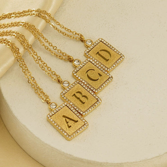 Wholesale Women's 316L Stainless Steel And 18K Gold Plated Diamond Letter Pendant Necklace With Cross Chain