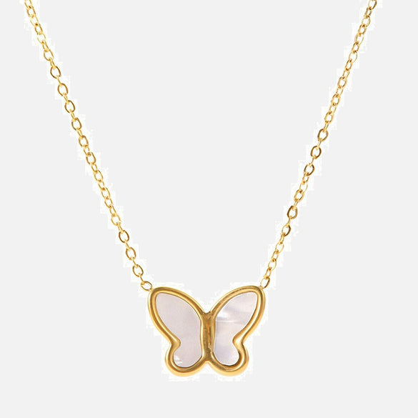 Wholesale Women's Titanium Steel And Motherofpearl French Retro Butterfly Pendant Necklace With Geometric Pattern And Electroplating