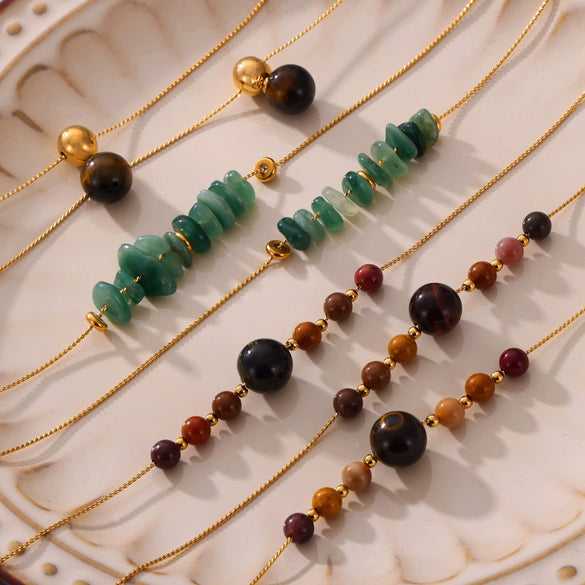 Wholesale Women's Titanium Steel And Natural Stone Tiger Eye Maillard Style Geometric Handbeaded Electroplated Necklace Jewelry
