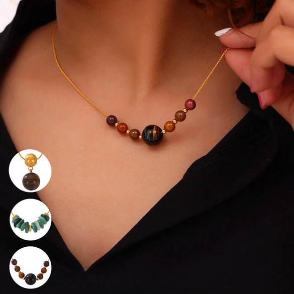 Wholesale Women's Titanium Steel And Natural Stone Tiger Eye Maillard Style Geometric Handbeaded Electroplated Necklace Jewelry