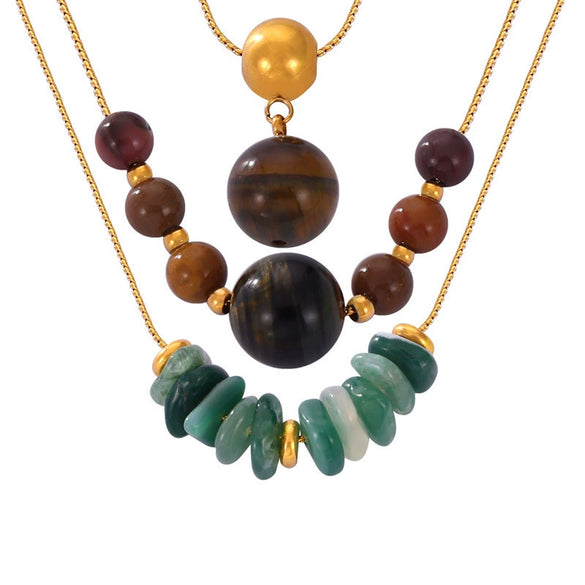 Wholesale Women's Titanium Steel And Natural Stone Tiger Eye Maillard Style Geometric Handbeaded Electroplated Necklace Jewelry
