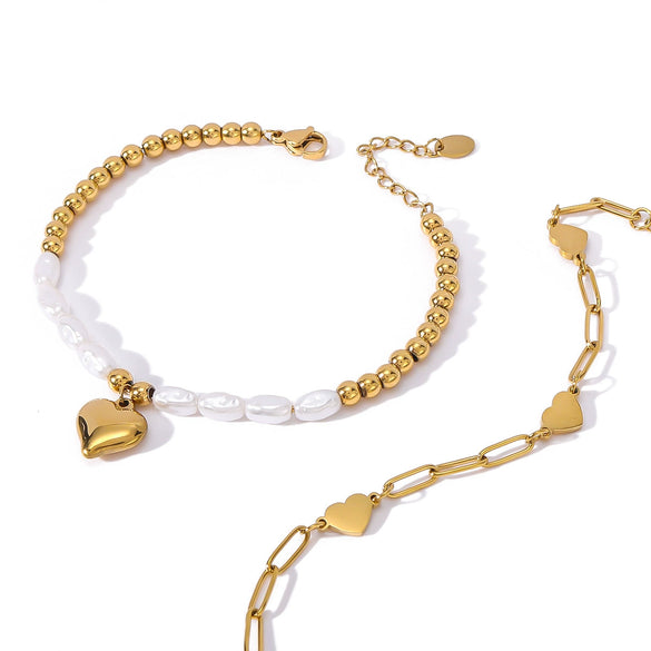 Wholesale Women's Titanium Steel And Pearl Bracelet With Love Pendant Geometric Design 18K Vacuum Plated In Furnace