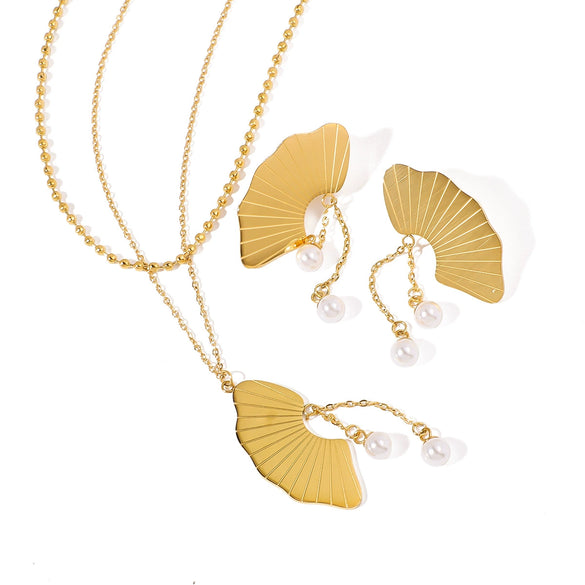 Wholesale Women's Titanium Steel And Pearl Fan Shaped Double Chain Tassel Jewelry Set With Geometric Pattern And Vacuum Plating In Furnace 18K Electroplating Process