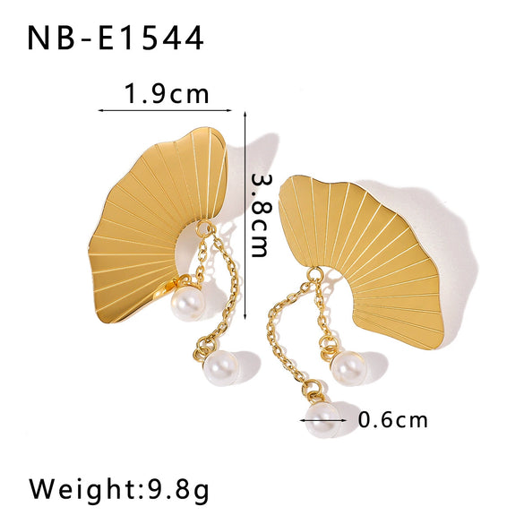 Wholesale Women's Titanium Steel And Pearl Fan Shaped Double Chain Tassel Jewelry Set With Geometric Pattern And Vacuum Plating In Furnace 18K Electroplating Process