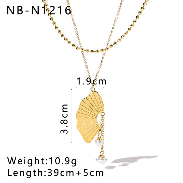 Wholesale Women's Titanium Steel And Pearl Fan Shaped Double Chain Tassel Jewelry Set With Geometric Pattern And Vacuum Plating In Furnace 18K Electroplating Process