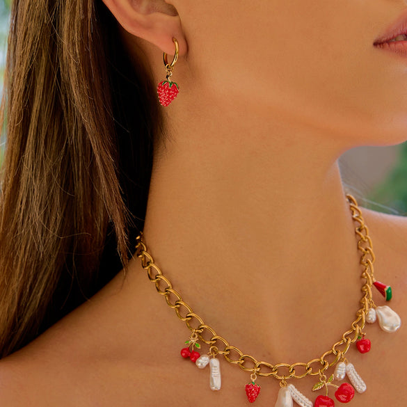 Wholesale Women's Titanium Steel And Pearl Jewelry With Electroplating Necklace And Bracelet In Fruit Style