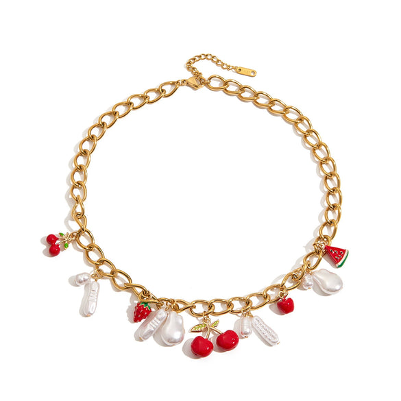 Wholesale Women's Titanium Steel And Pearl Jewelry With Electroplating Necklace And Bracelet In Fruit Style