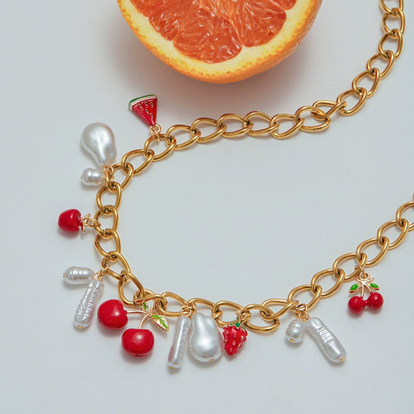 Wholesale Women's Titanium Steel And Pearl Jewelry With Electroplating Necklace And Bracelet In Fruit Style