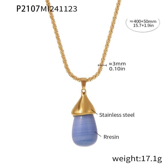 Wholesale Women's Titanium Steel And Resin Water Drop Pendant Cauliflower Texture Clavicle Necklace With Casting Process And 18K Real Gold Plated Color Retention