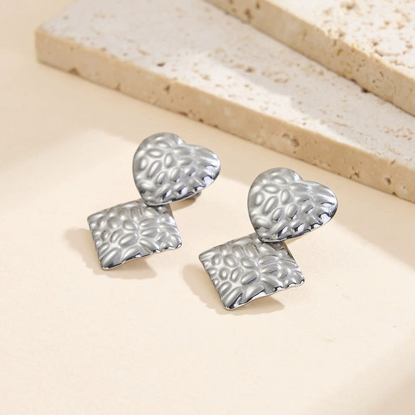 Wholesale Women's Titanium Steel And Stainless Steel Geometric Square Heartshaped Hammered Texture Earrings With Vacuum Real Gold Plating