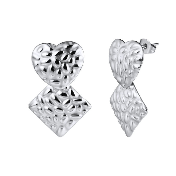 Wholesale Women's Titanium Steel And Stainless Steel Geometric Square Heartshaped Hammered Texture Earrings With Vacuum Real Gold Plating