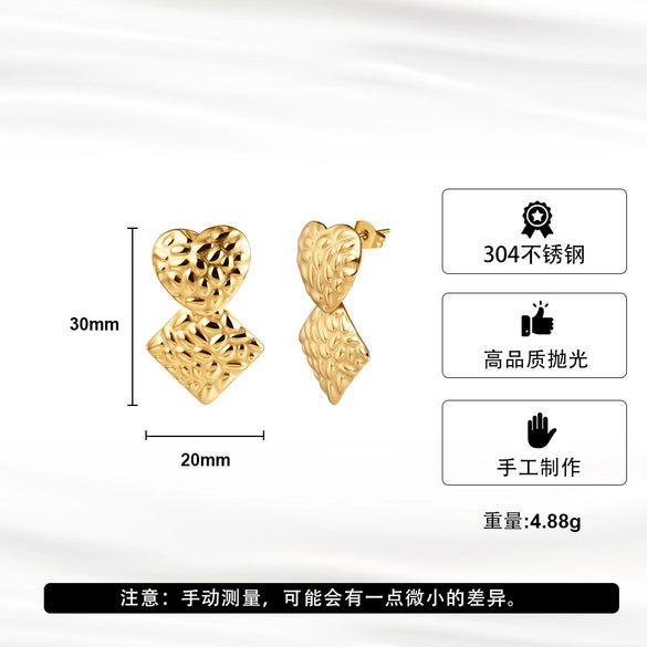 Wholesale Women's Titanium Steel And Stainless Steel Geometric Square Heartshaped Hammered Texture Earrings With Vacuum Real Gold Plating