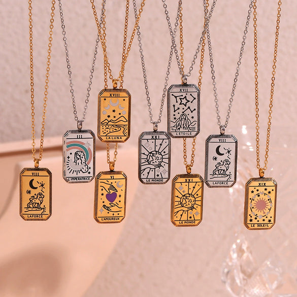 Wholesale Women's Titanium Steel And Stainless Steel Geometric Square Tarot Power Necklace 18K Gold Plated