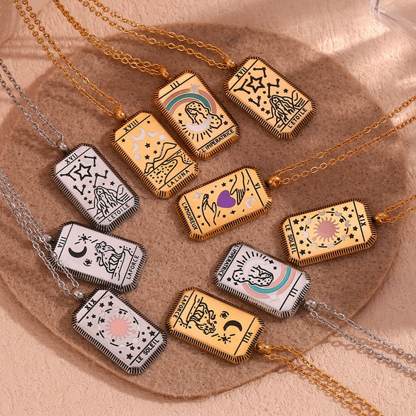 Wholesale Women's Titanium Steel And Stainless Steel Geometric Square Tarot Power Necklace 18K Gold Plated