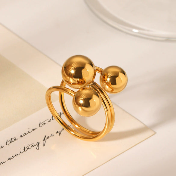Wholesale Women's Titanium Steel And Stainless Steel Spherical Geometric Ring With 18K Gold Electroplating