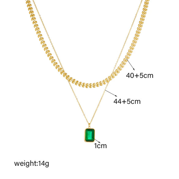 Wholesale Women's Titanium Steel And Stainless Steel Square Emerald Gemstone Pendant Multilayer Clavicle Chain Necklace With Electroplating