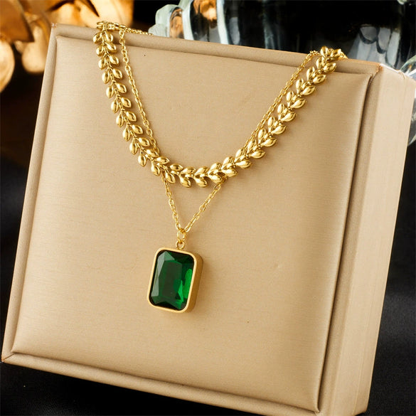 Wholesale Women's Titanium Steel And Stainless Steel Square Emerald Gemstone Pendant Multilayer Clavicle Chain Necklace With Electroplating