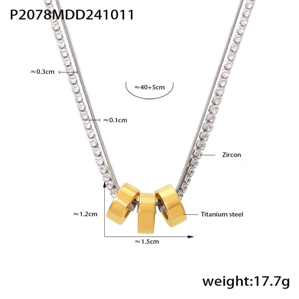 Wholesale Women's 316L Stainless Steel And Zircon Geometric 3Ring Clavicle Necklace With Electroplated 18K Real Gold Color