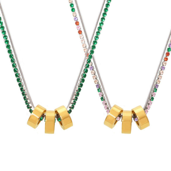 Wholesale Women's 316L Stainless Steel And Zircon Geometric 3Ring Clavicle Necklace With Electroplated 18K Real Gold Color