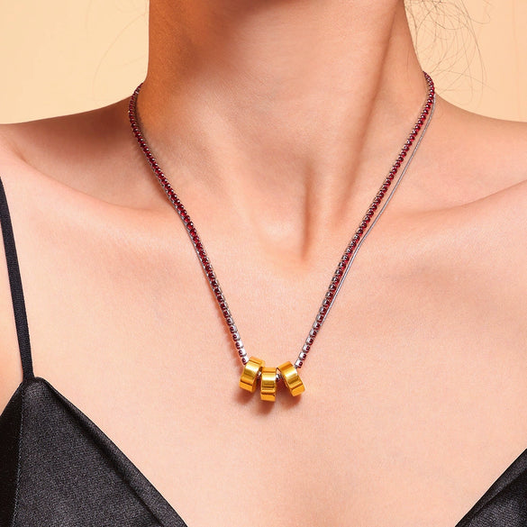 Wholesale Women's 316L Stainless Steel And Zircon Geometric 3Ring Clavicle Necklace With Electroplated 18K Real Gold Color