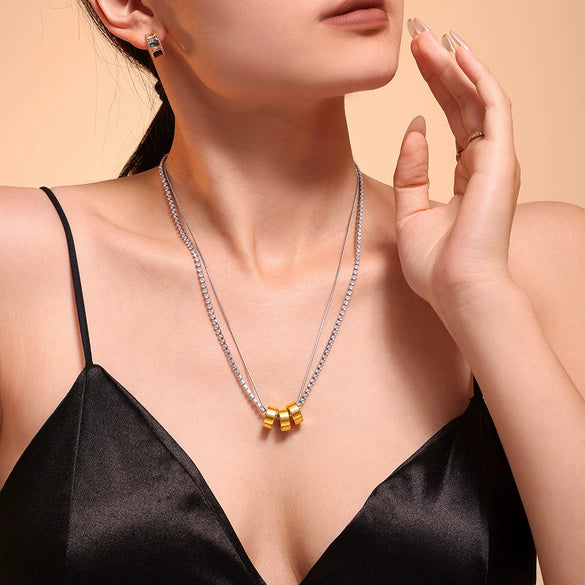 Wholesale Women's 316L Stainless Steel And Zircon Geometric 3Ring Clavicle Necklace With Electroplated 18K Real Gold Color