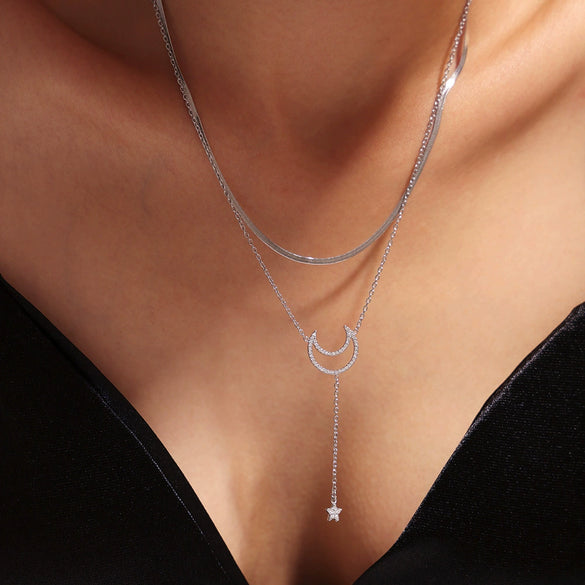 Wholesale Women's Titanium Steel And Zircon Jewelry With Geometric Pattern Tassel Double Clavicle Necklace And Temperament Bracelet Electroplated