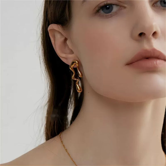 Wholesale Women's Titanium Steel Asymmetric Lava Drop Earrings With Geometric Pattern And Electroplating Design