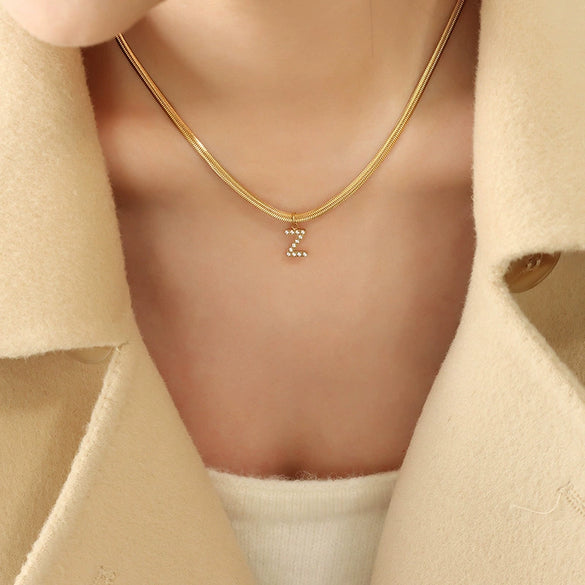 Wholesale Women's Titanium Steel Blade Chain Pendant Necklace With Mixed Gemstone Setting Letter Pendant Electroplated