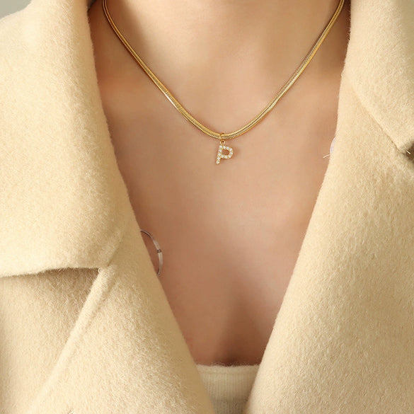 Wholesale Women's Titanium Steel Blade Chain Pendant Necklace With Mixed Gemstone Setting Letter Pendant Electroplated