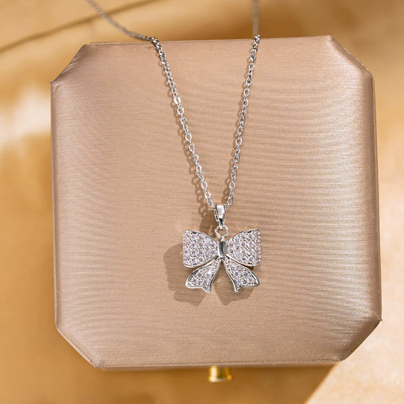 Wholesale Women's Titanium Steel Bow Diamondinlaid Necklace Jewelry
