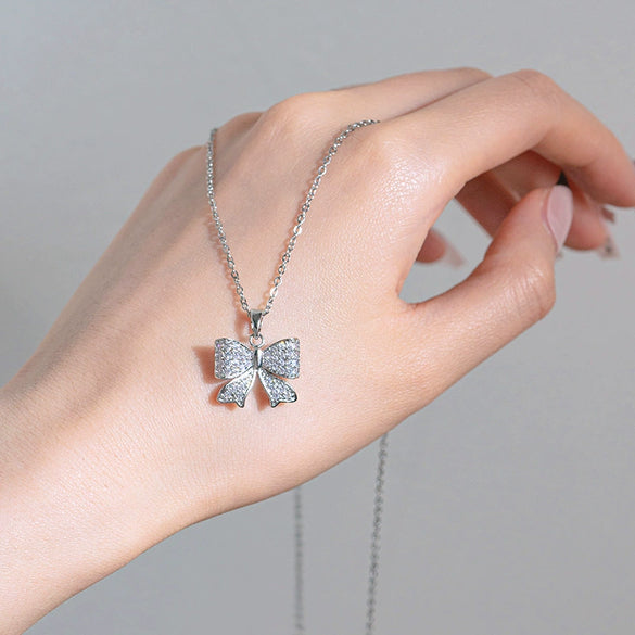 Wholesale Women's Titanium Steel Bow Diamondinlaid Necklace Jewelry