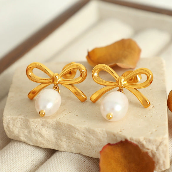 Wholesale Women's 316L Stainless Steel Bow Earrings Handmade With Electroplating And 18K Gold Plating