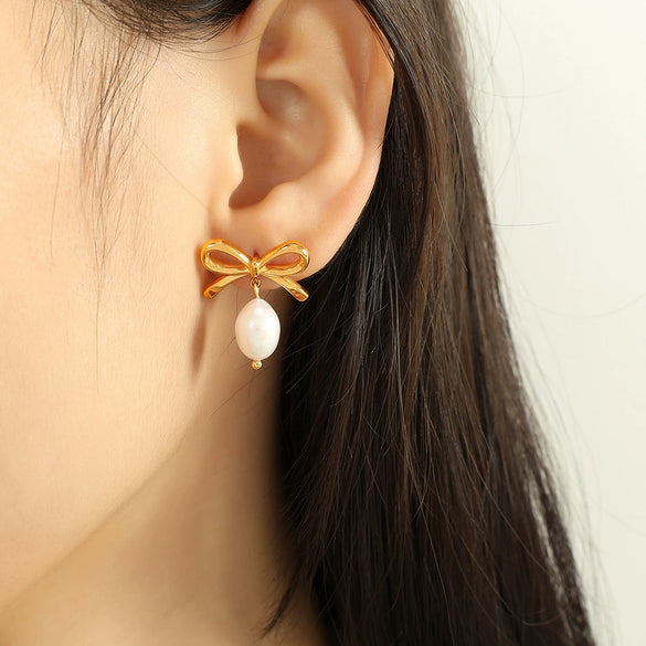 Wholesale Women's 316L Stainless Steel Bow Earrings Handmade With Electroplating And 18K Gold Plating