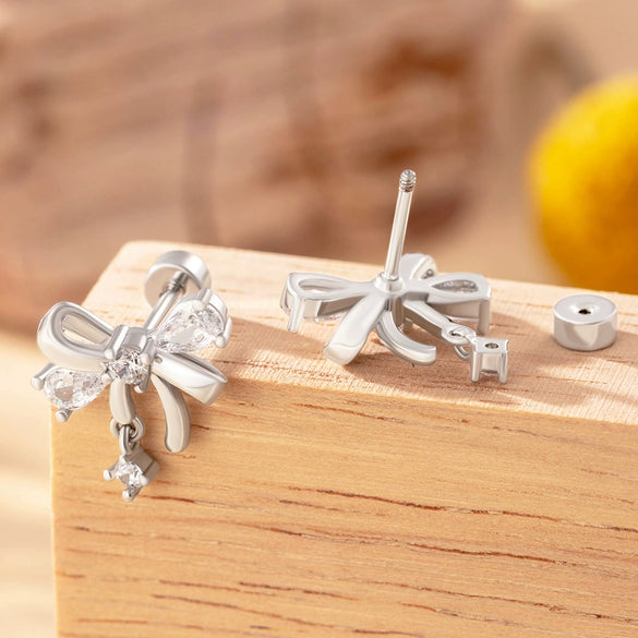 Wholesale Women's Titanium Steel Bow Inlaid Zircon Earrings