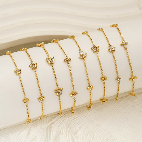 Wholesale Women's Titanium Steel Bracelet Inlaid Zirconia With Geometric And Flower Bow Patterns Gold Plated Jewelry