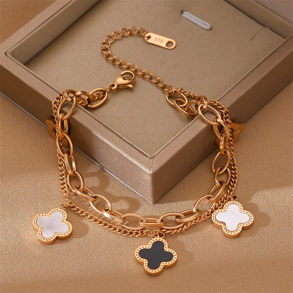 Wholesale Women's Titanium Steel Bracelet With Fourleaf Clover Design Doublelayer Chain Electroplated Classy Niche Nonfading Hand Jewelry