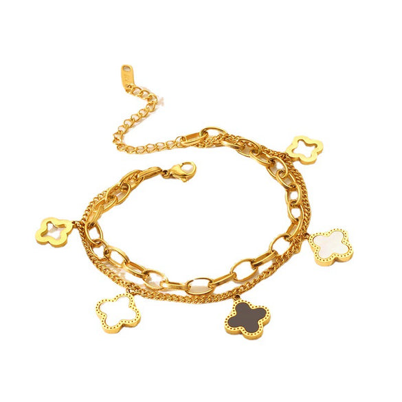Wholesale Women's Titanium Steel Bracelet With Fourleaf Clover Design Doublelayer Chain Electroplated Classy Niche Nonfading Hand Jewelry