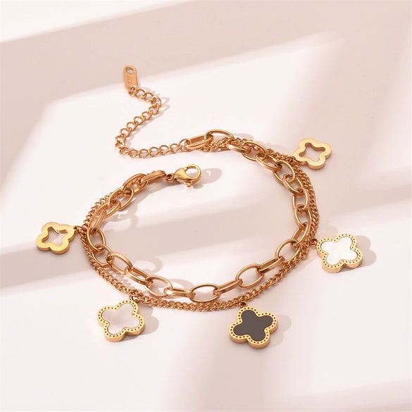 Wholesale Women's Titanium Steel Bracelet With Fourleaf Clover Design Doublelayer Chain Electroplated Classy Niche Nonfading Hand Jewelry