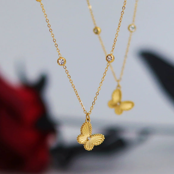 Wholesale Women's Titanium Steel Butterfly Diamond Necklace With Small Gold Beads And Ochain