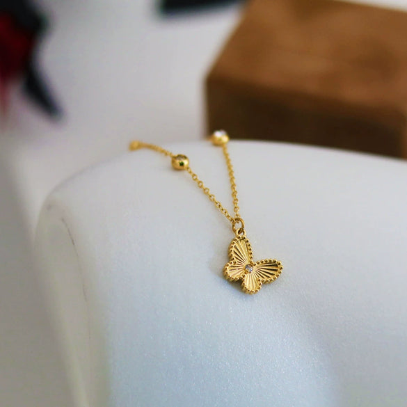 Wholesale Women's Titanium Steel Butterfly Diamond Necklace With Small Gold Beads And Ochain