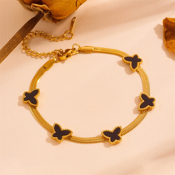 Wholesale Women's Titanium Steel Butterfly Four Leaf Clover Heart Shaped Cartoon Style Electroplated Chain Bracelet