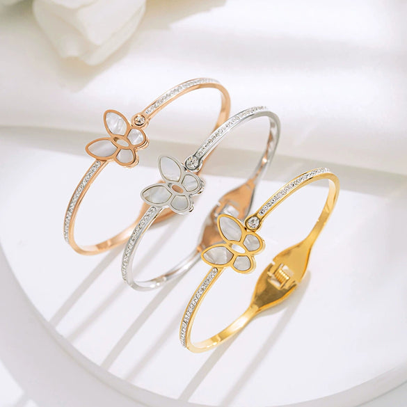 Wholesale Women's Titanium Steel Butterfly Shellfish Animal Style Full Diamond Nonfading Niche Light Luxury Opening Bracelet