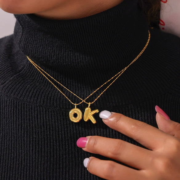 Wholesale Women's Titanium Steel Copper Ball Chain Necklace With Geometric Letter Number Text Design Electroplated Pendant