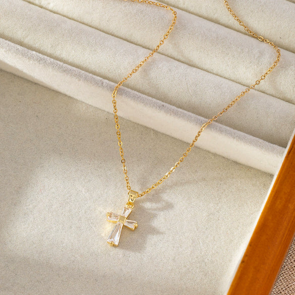 Wholesale Women's Titanium Steel Cross O Word Chain Necklace Copper Microinlay Real Gold Electroplated Geometric Style